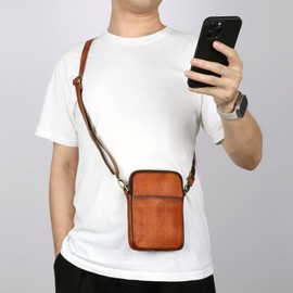 NICE SELECTION Genuine Leather Mini Shoulder Bag, Men's, Smartphone Pouch, Vertical, Cross-Body Type, Lightweight, Sacoche, 2-Way, 3-Way, Braun
