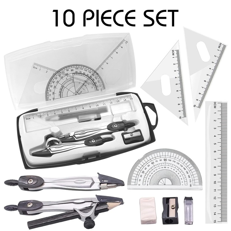 Maths Set, 10pcs Maths Set in Carry Case, Geometry Compasses