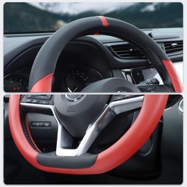 SEG Direct Flat Bottom Steering Wheel Cover, D Shaped Car Wheel Cover 14 1/2-15 in. (37-39 cm), Black Red Microfiber Leather