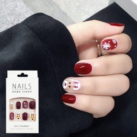 Christmas False Nails with Glue, Christmas Fake Nails Press on Nails, Red Burgundy White Short Square French Stick on Nails for Women and Girls Nail Art Decoration Accessories, #151
