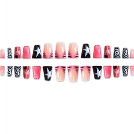 24pcs Duck Press On Nails Medium Fake Nails Star With Vortex Design French Tip False Nails Full Cover Cute Acrylic Nails Pink Glue On Nails Black Stick On Nails For Women Manicure Decorations