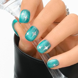 Sethexy Blue Cat's Eye Handmade Press On Nails Short Square Shiny False Nails with Design 20 Pieces Full Cover Art False Nails for Women and Girls (6)