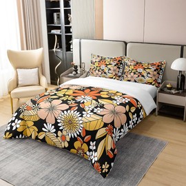100% Cotton Vintage 60S 70S Groovy Floral Bedding Set Single,Retro Hippie Flowers Duvet Cover Boho Trippy Style Comforter Cover Natural Garden Botanical Quilt Cover Aesthetic Room Decor for Teen Girls