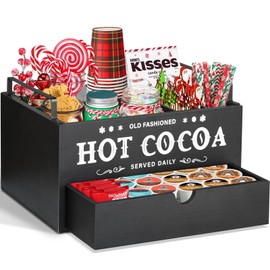 Hot Chocolate Bar Organizer with Drawer, Farmhouse Hot Cocoa Bar Supplies Organizer for Hot Chocolate Maker, Countertop Wood Coffee Station Organizer Cocoa Decorative Storage Bins, Cocoa Lovers Gift