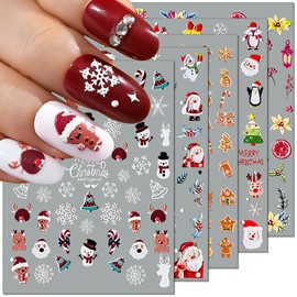 5D Christmas Nail Art Stickers, 5pcs Christmas Nail Stickers for Women Christmas Nail Decals Cartoon Elk Snowman Santa Claus Embossed Nail Sticker Xmas Snowflake Stickers for Nails Winter Nail Design