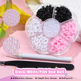 Charms Kit for Nails, 400Pcs Bow and Flatback Pearls Set, 3D Acrylic Rhinestones for Nails Art Design, Pink Black White Bowknot Gems for DIY Crafts, Manicure Decoration Supplies