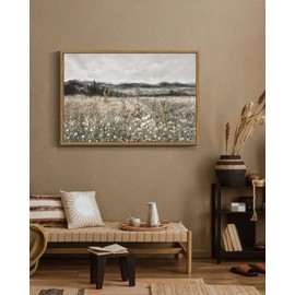 SHENIFY 24x36in Large Vintage Landscape Framed Canvas Wall Art Prairie in Full Bloom Classic Painting Modern Farmhouse Bathroom Office Decor - Natural Framed