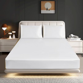 ROOEE Satin Silk Fitted Sheet with Pillowcase Set Breathable Soft Bedding Brushed Fabric Wrinkle, Shrinkage and Fade Resistant Bottom Bed Sheets (WHITE, King)