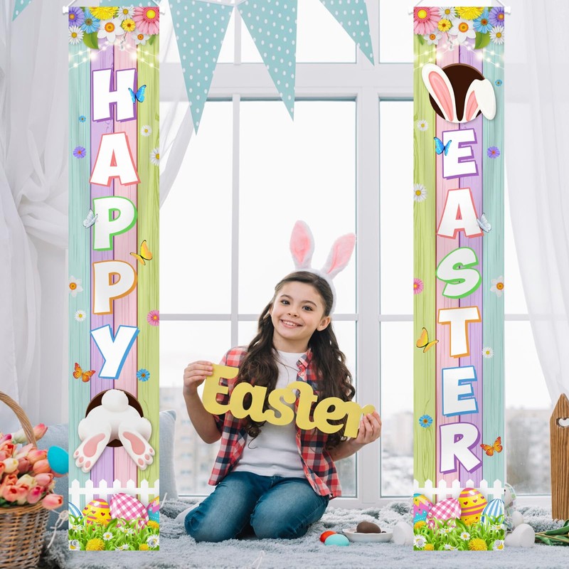 Happy Easter Porch Banner Bunny Egg Rabbit Daisy Party Front