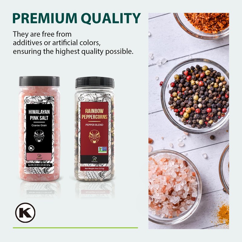 Soeos Himalayan Pink Salt 20oz + Rainbow Peppercorns 8oz, Salt