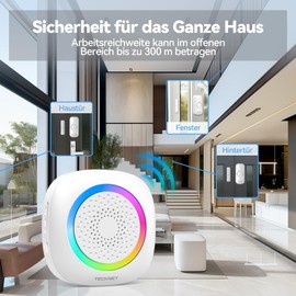 TECKNET Door Window Sensor Bell, Door Window Alarm Wireless Bell with 300 m Range, 61 Ringtones and RGB Light, Door Sensor Alarm Bell for Homes, Business and Office, White