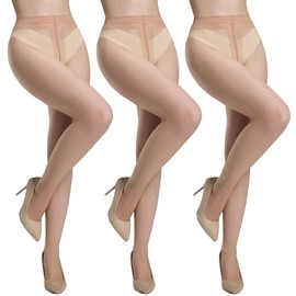 Yilanmy 3 Pairs of Women's 20 Denier Transparent Fine Tights, High Waist T-Crotch Pantyhose, skin-coloured, L-XL