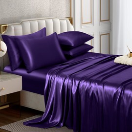 Horbaunal 6 Piece Satin Sheet Set Full Size Luxury Silky & Soft Purple Satin Full Bed Sheet Set with 16" Deep Pocket, 1 Fitted Sheet, 1 Flat Sheet, 4 Pillowcases