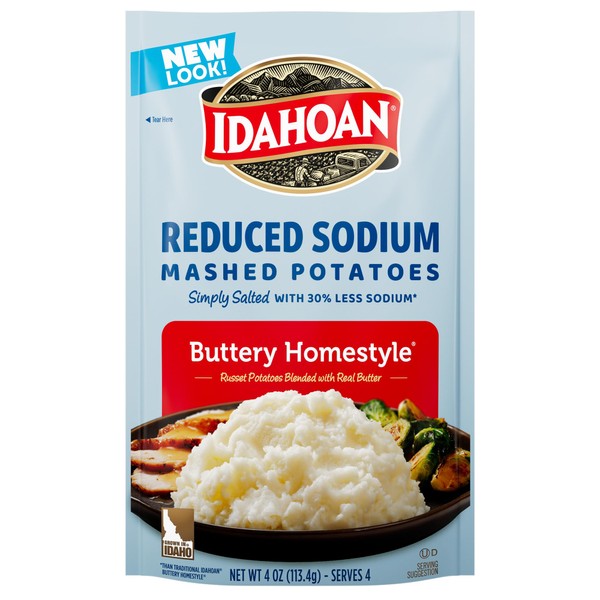 Idahoan Reduced Sodium Mashed Potatoes, Buttery Homestyle, 4 Ounce (Pack