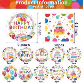 Happy Birthday Decorations Kids' Birthday Party Supplies 100pcs Happy Birthday Plates and Napkins for Birthday Party Decorations Boys Girls
