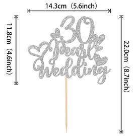 1 decoración para tartas de boda 30 con corazón de purpurina plateada, 30 perlas, decoración para tartas de boda para saludar a 30 años de feliz 30 aniversario de boda, decoración de pasteles