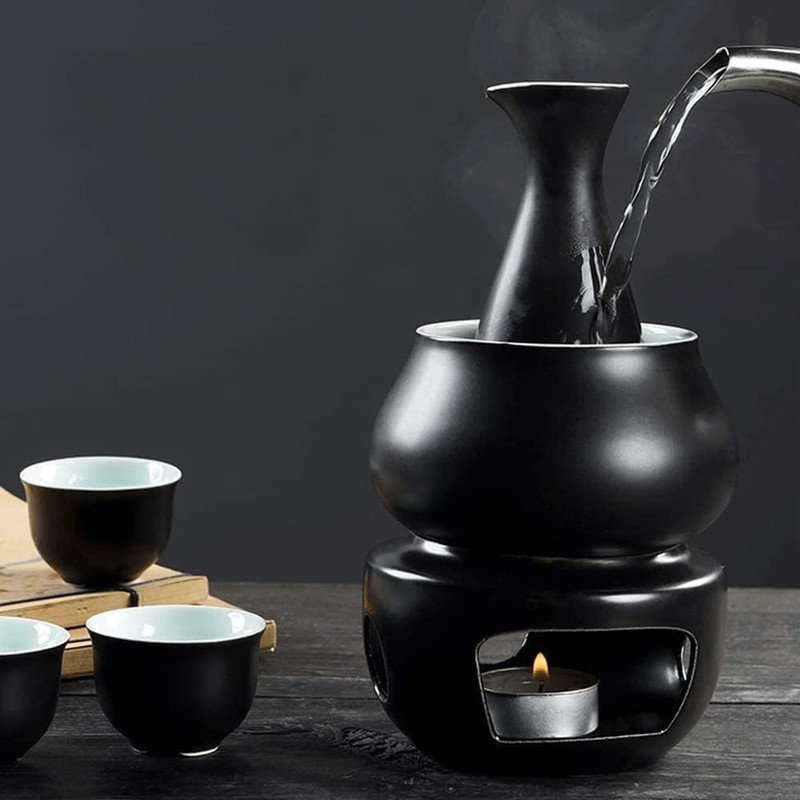 WINIAER Ceramic Sake Set with Warmer Pot, Traditional Pottery Hot