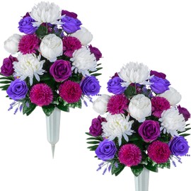 AOFOX Artificial Cemetery Flowers, Set of 2 Memorial Flowers with Vase, Artificial Rose Peony Flowers Bouquet for Cemetery Headstone Grave Tombstone Decoration