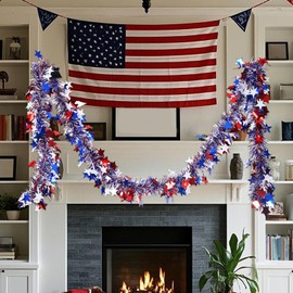 4th of July Garland,Star Red White Blue Twist 4th of July Garland | 2X Parade Hangable Tinsel Glitter Ornaments, Celebration Holiday Decorations for Independence Day