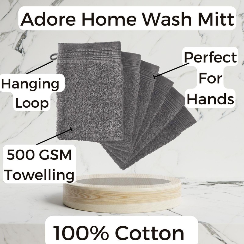 Adore Home 6 x Premium Quality 100% Cotton Wash Mitts