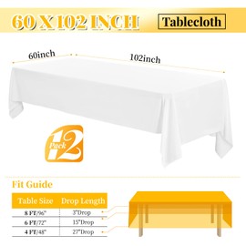 12 Pack 60 x 102 Inch Rectangle Tablecloth, White Tablecloth for 6 Feet Rectangle Tables,Polyester Tablecloth Washable Fabric Table Cloth for Wedding Dining Table Buffet Parties Camping