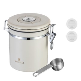 BERTILLE Stainless Steel Coffee Canister,16 oz Kitchen Food Storage Container with Date-Tracker, CO2-Release Valve and Measuring Scoop for Grounds Coffee, Beans, Tea, Cereal, Sugar（Medium,Cream）