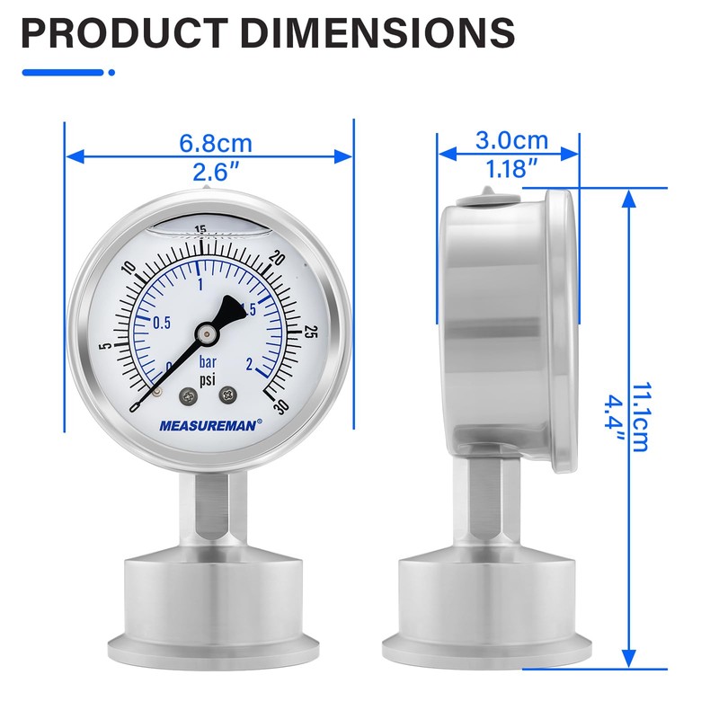 MEASUREMAN Stainless Steel Sanitary Pressure Gauge, 2.5” Dial, 0-30 PSI