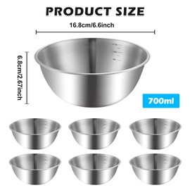 PORFOYO Set of 6 Stainless Steel Bowls with Measurements, Dishwasher Safe and Stackable (0.7 L, Diameter 16.8 cm) Versatile for Kitchen and Decoration