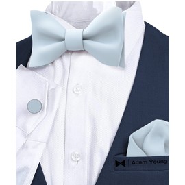Corbata de Moño Ajustables Azul Claro para Hombres con Pañuelo de Bolsillo y Gemelos - Formal Elegante para Esmoquin de Seda Artificial, Adam Young (Clásico, Azul Pastel)