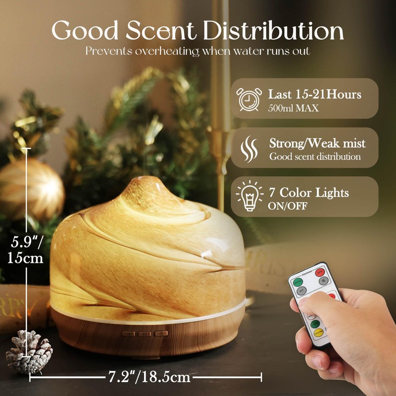 Porseme 500ml Essential Oil Diffuser, Aroma Ultrasonic Humidifier with Remote