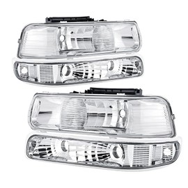 Headlights Assembly Compatible with 99-02 Chevy Silverado / 00-06 Tahoe Suburban Headlights Headlamp with Bumper Lights, Chrome Housing Clear