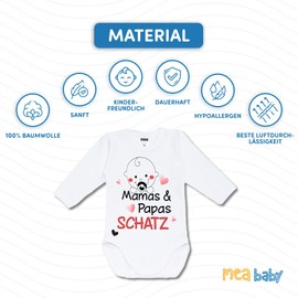 MEA BABY Unisex Baby Long-Sleeved Bodysuit with Saying Mamas & Papas Schatz, 100% Cotton, Baby Bodysuit White for Girls, Baby Bodysuit White for Boys, White