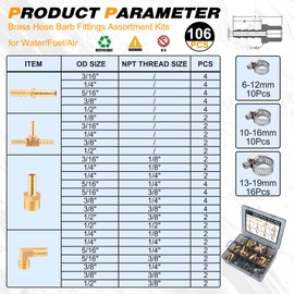 Ailbiuko 106Pcs Brass Hose Barb Fittings Assortment Kits Splicer Mender/Adaptor/Coupler/Connector 1/8" 3/16" 1/4" 5/16" 3/8" 1/2" Hose Fittings with Pipe Clamps for Water/Fuel/Air