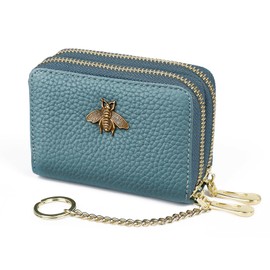 imeetu RFID Credit Card Holder, Small Leather Double Zipper Card Case Wallet for Women (Max,Peacock Blue)