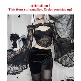 Goth Lace Sheer Top Black Mesh Long Sleeve Crop Top Big Bell Sleeve Shawl Cropped Cardigan Punk Cover Up