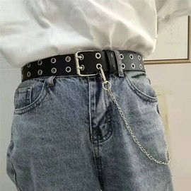 Chaungfu Women's 100x3.8cm PU Leather Double-Grommet Belt with Chain - Punk Rock Style, Adjustable, Black