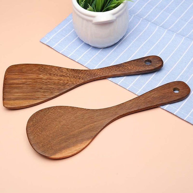 2 Pcs Wooden Rice Spoon Set Non Stick Rice Paddle