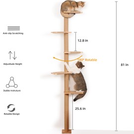 COOLEX 5 Tier Floor to Ceiling Cat Tree Tower with Wall-Mounted Scratching Post, Playful Wall Climbing Shelves for Cats, Ideal for Kittens to Climb, Scratch, and Lookout, Wild Simulation Design