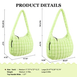 Quilted Puffer Tote Bag Large Crossbody Shoulder Bag with Zipper, Nylon Bubble Hobo Handbag Carryall Bag for Women, Lightgreen, Large