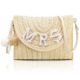 Pinkunn Bride Gift Bride Straw Shoulder Bag Clutch Rhinestone Letter Purse Beach Bachelorette Honeymoon Wedding Bridal Shower (Mrs White Style)