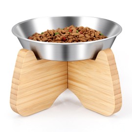 BULANGDE Flache Katzennapf Erhöht Edelstahl mit Bambus Ständer,Futternapf Fressnapf Wassernapf Katze Katzenschüssel Elevated Cat Bowl für Katzen Hunde mit Holz rutschfest Station (1er)