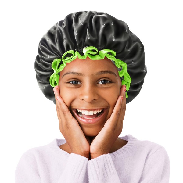 mikimini Black Shower Cap Small for Kids Boys Reusable Double Layer Waterproof Shower Cap with Soft Comfortable PEVA Lining, Non-fading, Stretchy and Shower Cap for Short Hair