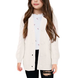 Apbondy Girls Cable Knit Cardigans Button Down Long Sleeve Chunky Sweater Outerwear White