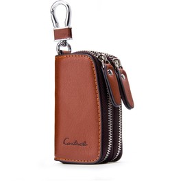 Contacts Genuine Leather Car Key Case Holder Double Zipper Keychain Coin Purse Brown