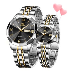 OLEVS Watches for Couple Luxury Fashion His and Hers Stainless Steel Calendar Date 3ATM Waterproof Luminous Wrist Watch for Men Women Lovers Wedding Dating Romantic Gift Set of 2