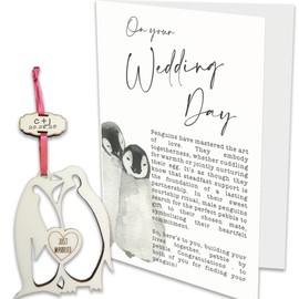 Wedding Card with Wooden Penguin Keepsake - Large A5 size