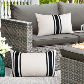 OTOSTAR Pack of 2 Outdoor Waterproof Decorative Pillow Covers 12x20 Inch Linen Geometry Pillowcases Cushion Case Garden Throw Pillow Covers Pillows Shell for Patio Furniture Couch Tent Balcony (Black)