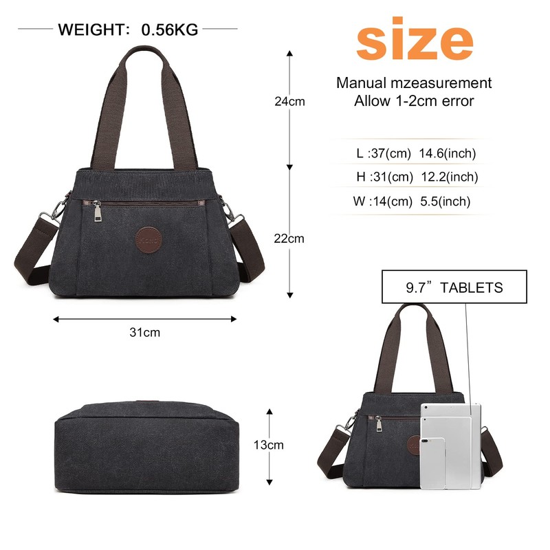 KONO Canvas Handbag Women Shoulder Bag, black, Retro