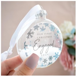 First Christmas Engaged 2024 Glass Bauble. Navy Blue Snowflake Decoration. Couple Anniversary Xmas Tree Hanging Ornament. EngagementKeepsake
