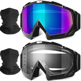 Motorcycle Goggles, 2 Pack Dirt Bike Goggles ATV Offroad Riding Motocross Protective UTV Helmet Glasses with 2 Pack Neck Breathable Bandana Mask for Adults Youth Kids (Color+Clear)